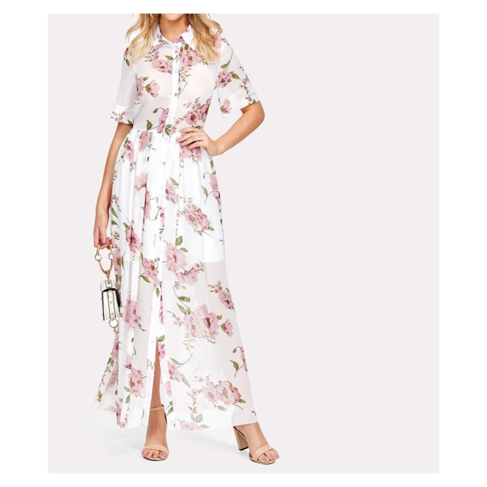 White Floral Button Down Maxi Shirt Dress - Picture 2 of 5